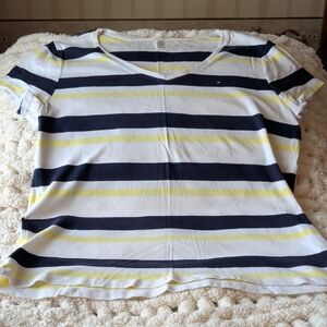 Tommy Hilfiger Navy and Yellow Striped V-Neck Tee